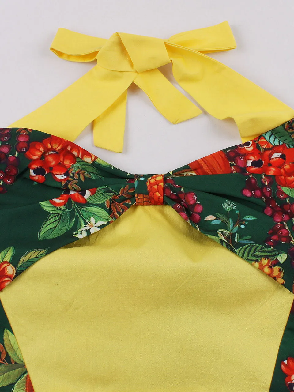 Yellow Floral Print Off the Shoulder High Waist Halter 1950 Dress