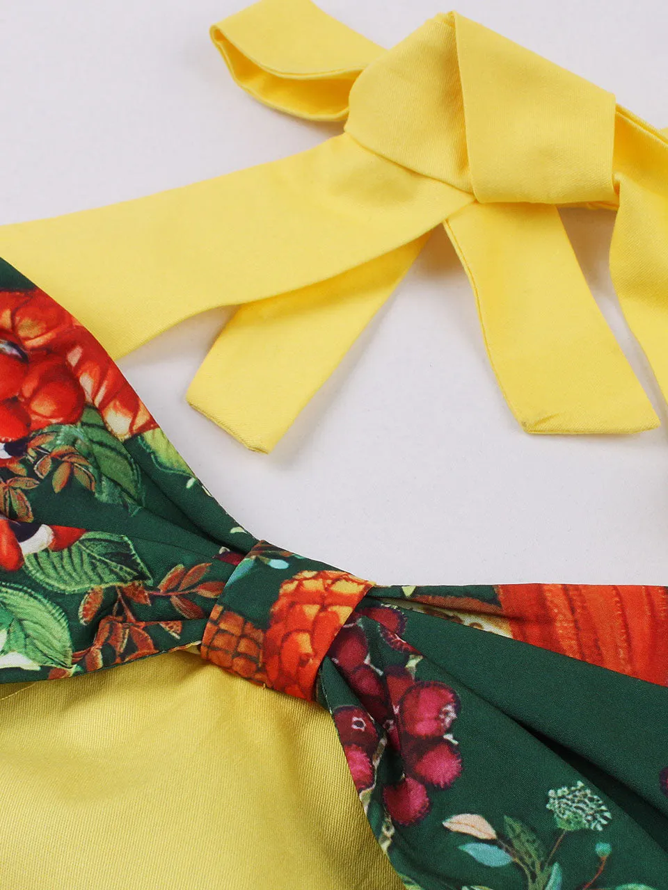 Yellow Floral Print Off the Shoulder High Waist Halter 1950 Dress